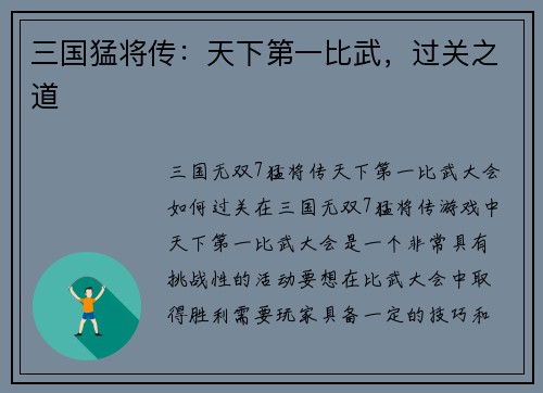 三国猛将传：天下第一比武，过关之道